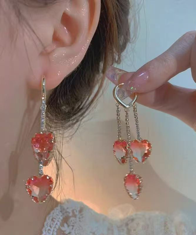 Fashion Red Alloy Love Crystal Tassel Drop Earrings