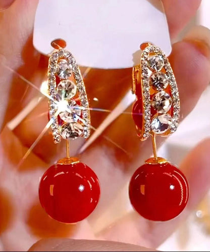 Fashion Red Copper Overgild Zircon Pearl Drop Earrings