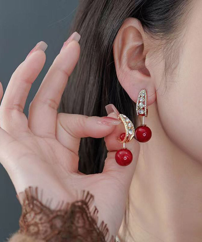 Fashion Red Copper Overgild Zircon Pearl Drop Earrings