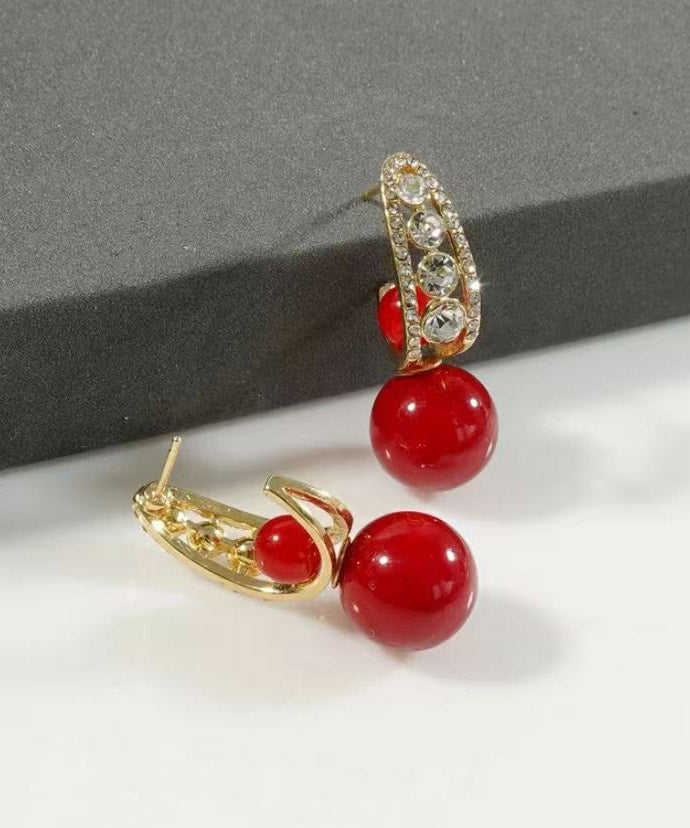 Fashion Red Copper Overgild Zircon Pearl Drop Earrings