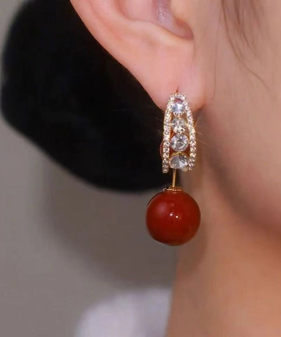 Fashion Red Copper Overgild Zircon Pearl Drop Earrings