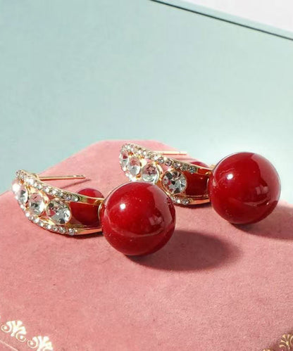Fashion Red Copper Overgild Zircon Pearl Drop Earrings