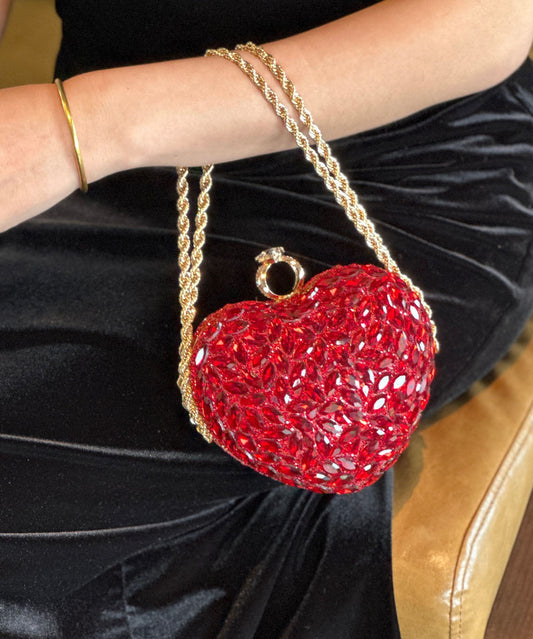 Fashion Red Diamond Studded Heart-Shaped Chain Crossbody Bag
