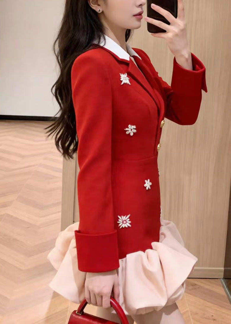 Fashion Red Embroidered Notched Bubble Dress Winter