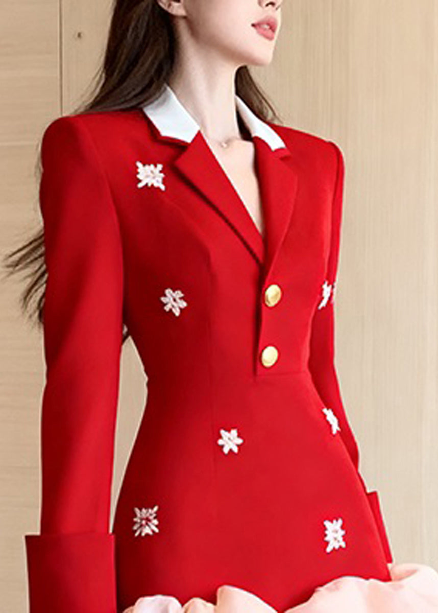 Fashion Red Embroidered Notched Bubble Dress Winter