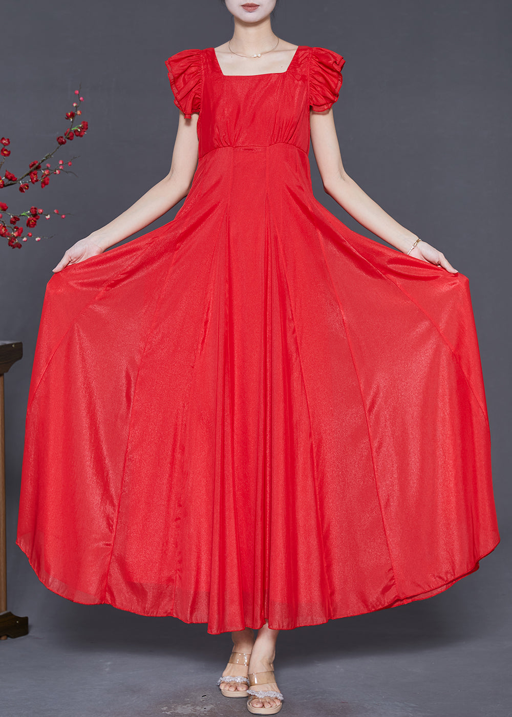 Fashion Red Exra Large Hem Chiffon Long Dress Butterfly Sleeve