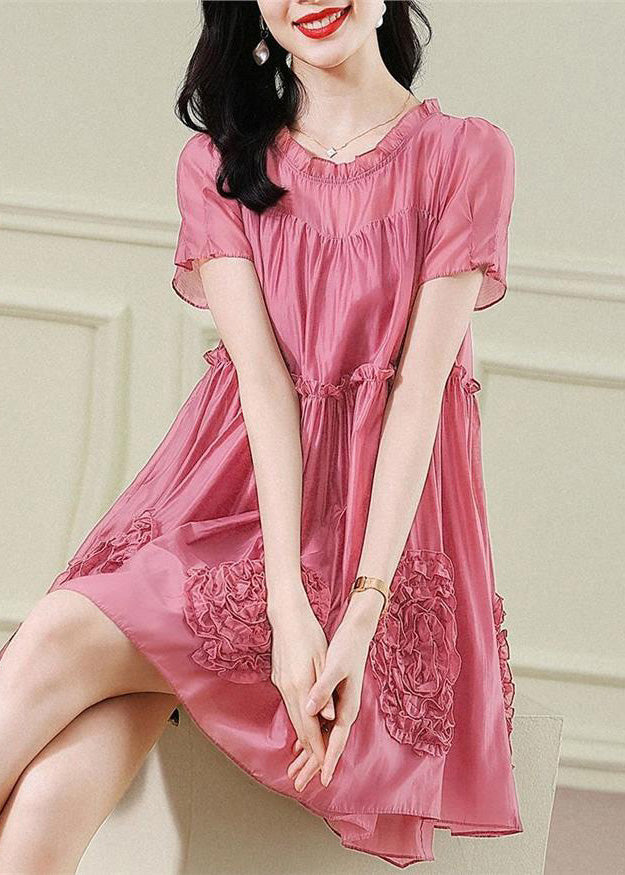Fashion Red Floral Ruffled Chiffon Mid Dresses Short Sleev
