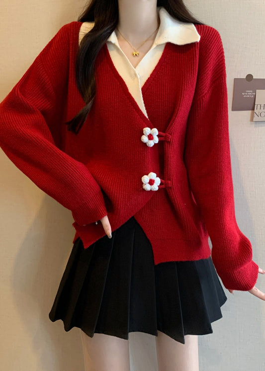 Fashion Red Flower Patchwork Knit Fake Two Piece Sweaters Fall