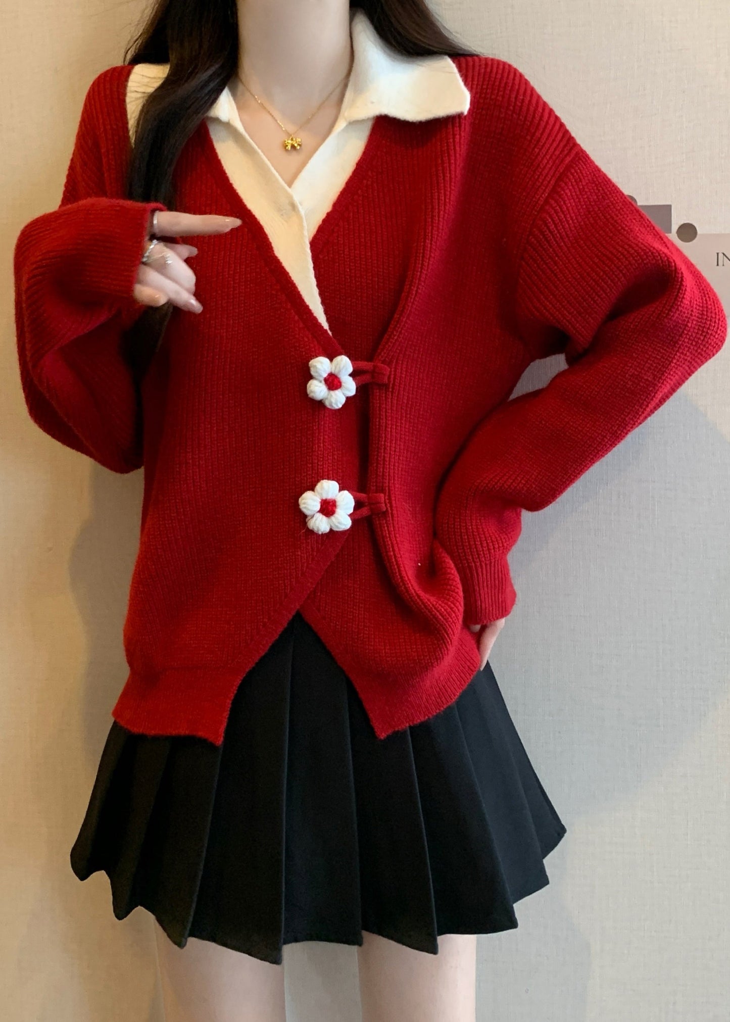 Fashion Red Flower Patchwork Knit Fake Two Piece Sweaters Fall