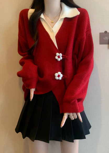Fashion Red Flower Patchwork Knit Fake Two Piece Sweaters Fall