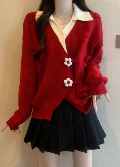 Fashion Red Flower Patchwork Knit Fake Two Piece Sweaters Fall