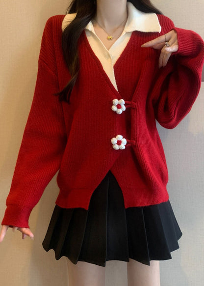 Fashion Red Flower Patchwork Knit Fake Two Piece Sweaters Fall