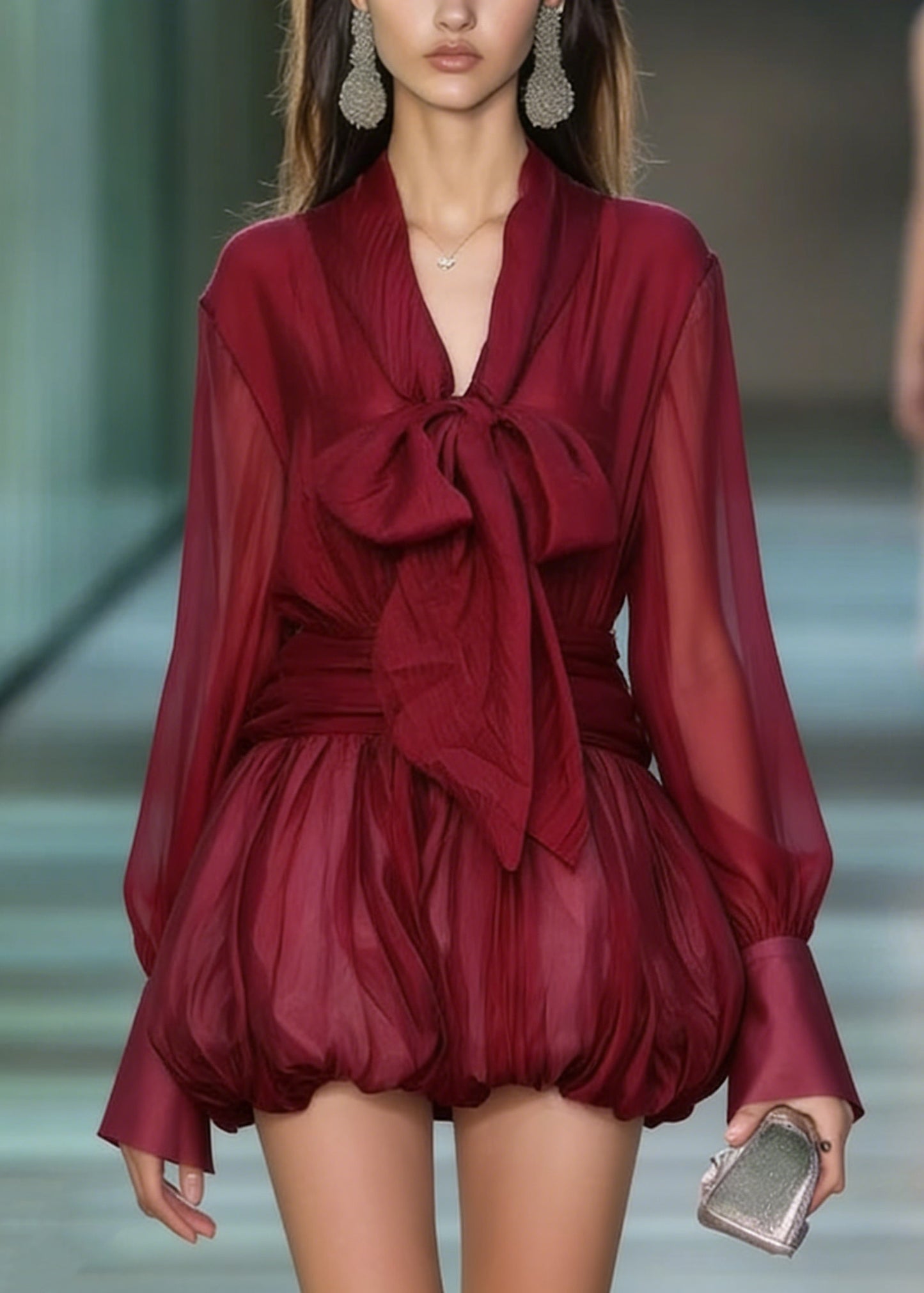 Fashion Red Lace Up Patchwork Chiffon Mini Dress Spring