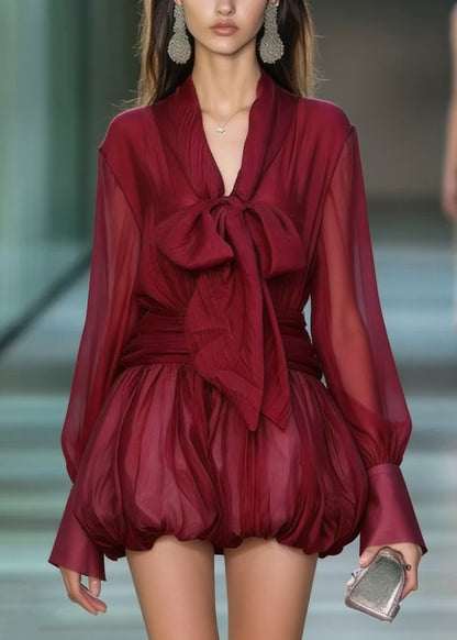 Fashion Red Lace Up Patchwork Chiffon Mini Dress Spring