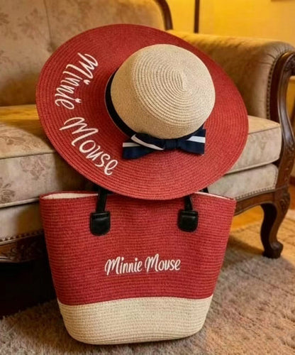Fashion Red Letter Print Patchwork Bow Straw Woven Floppy Sun Hat And Shoulder Handbag Two Pieces Set