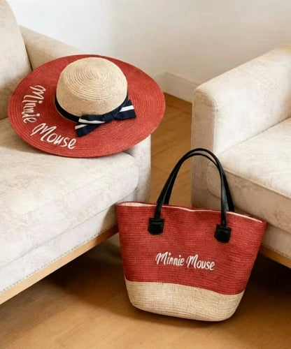 Fashion Red Letter Print Patchwork Bow Straw Woven Floppy Sun Hat And Shoulder Handbag Two Pieces Set