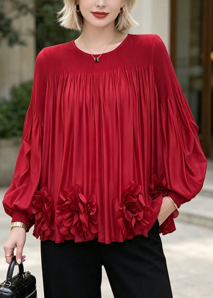 Fashion Red Oversized Floral Chiffon Shirt Top Lantern Sleeve