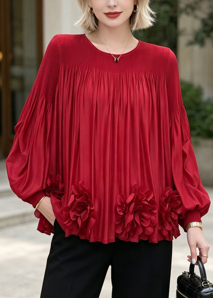 Fashion Red Oversized Floral Chiffon Shirt Top Lantern Sleeve
