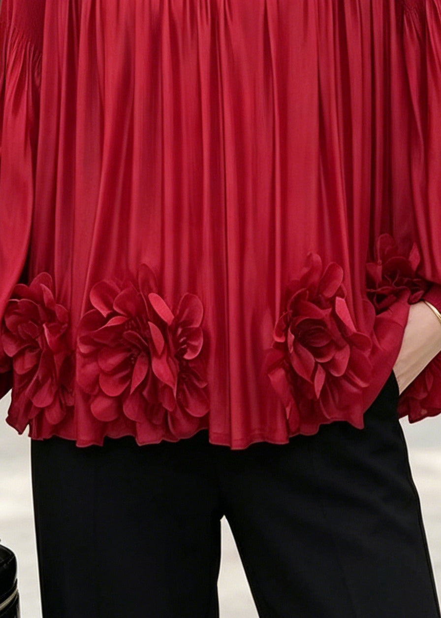 Fashion Red Oversized Floral Chiffon Shirt Top Lantern Sleeve