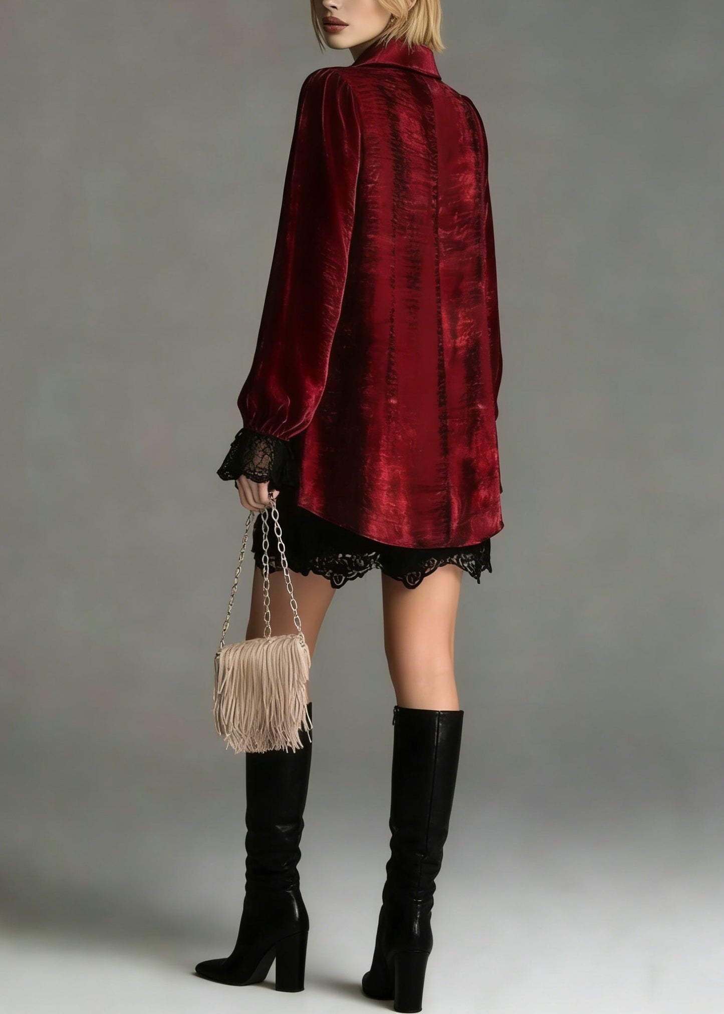 Fashion Red Peter Pan Collar Lace Patchwork Silk Shirt Top Spring