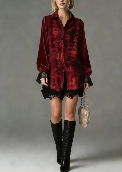 Fashion Red Peter Pan Collar Lace Patchwork Silk Shirt Top Spring