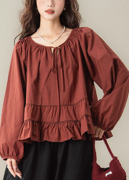 Fashion Red Ruffled Hollow Out Shirt Fall