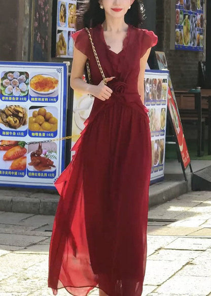 Fashion Red Ruffled Patchwork Chiffon Maxi Dresses Summer