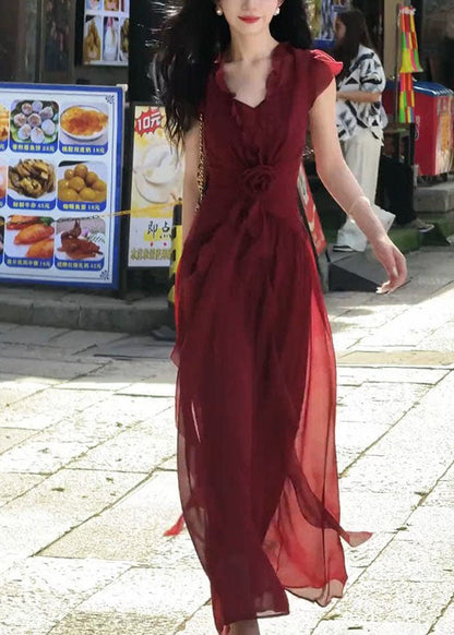 Fashion Red Ruffled Patchwork Chiffon Maxi Dresses Summer