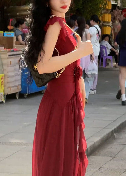 Fashion Red Ruffled Patchwork Chiffon Maxi Dresses Summer