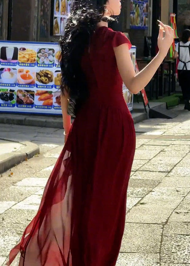 Fashion Red Ruffled Patchwork Chiffon Maxi Dresses Summer