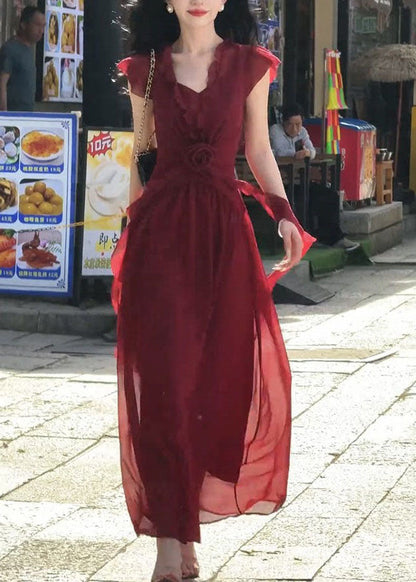Fashion Red Ruffled Patchwork Chiffon Maxi Dresses Summer
