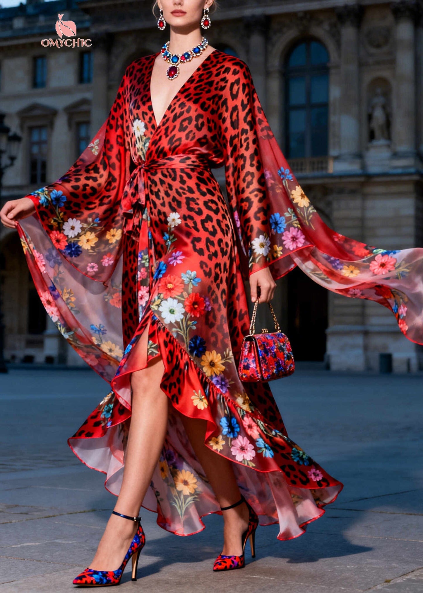 Fashion Red Ruffled Print Chiffon Maxi Dresses Summer