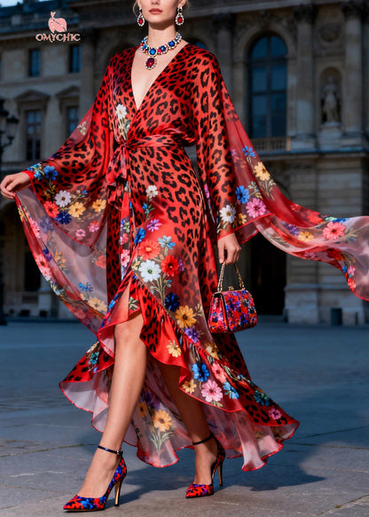 Fashion Red Ruffled Print Chiffon Maxi Dresses Summer
