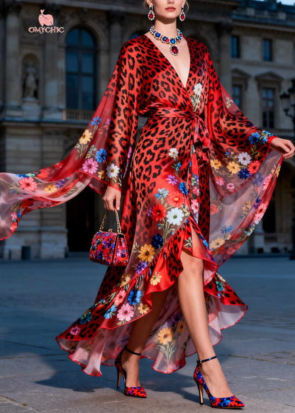Fashion Red Ruffled Print Chiffon Maxi Dresses Summer