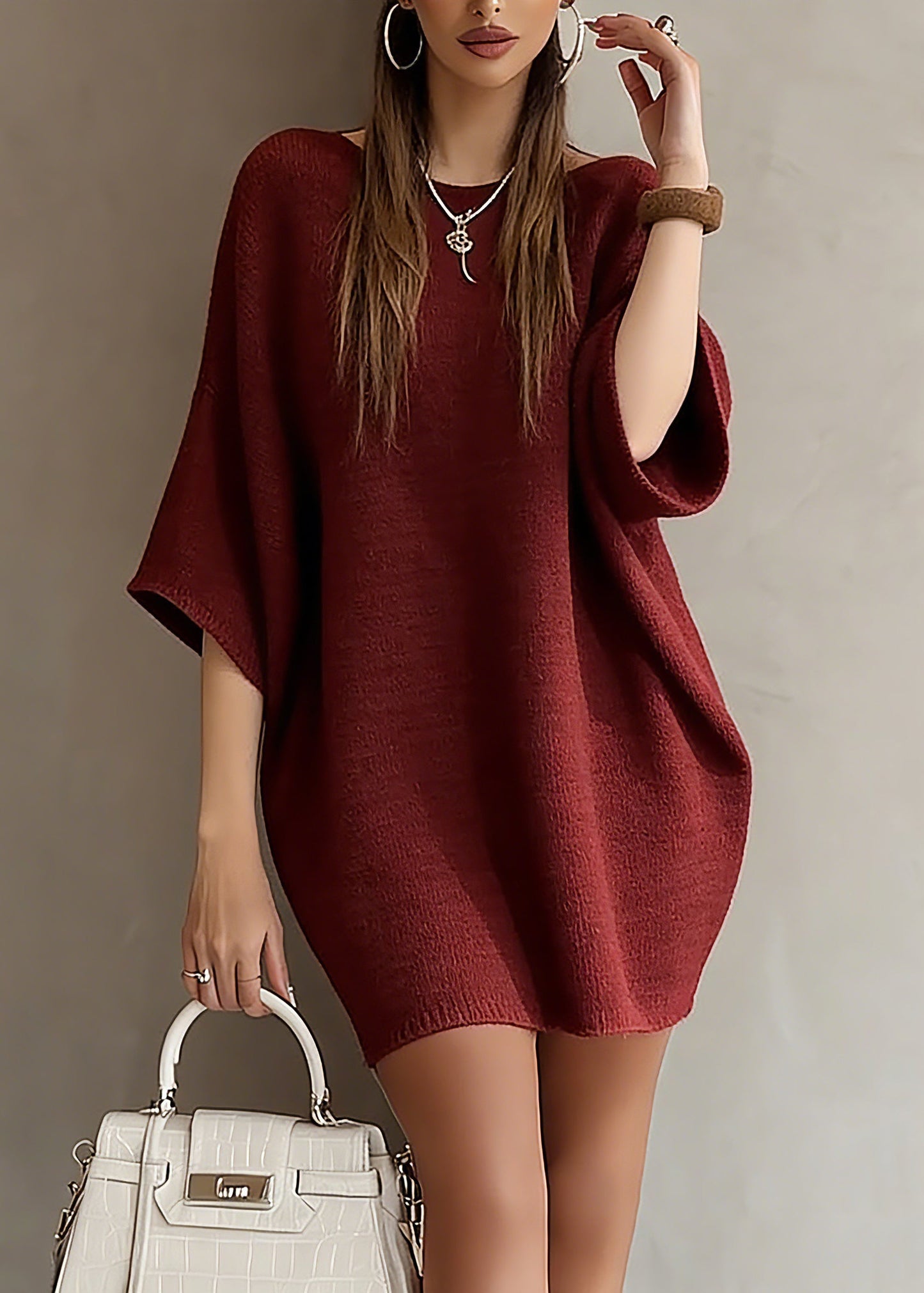 Fashion Red Slash Neck Knit Sweater Dress Batwing Sleeve