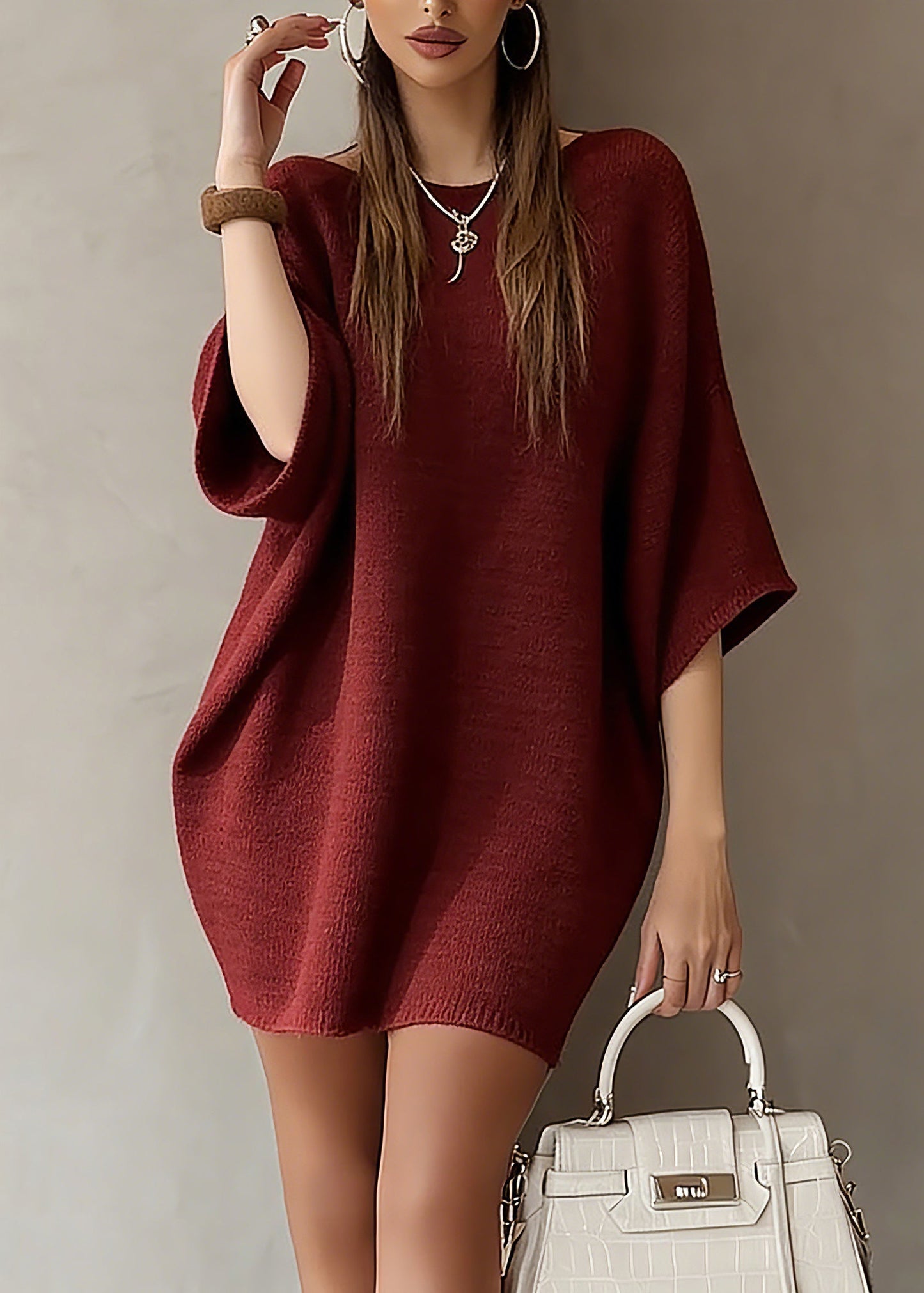 Fashion Red Slash Neck Knit Sweater Dress Batwing Sleeve