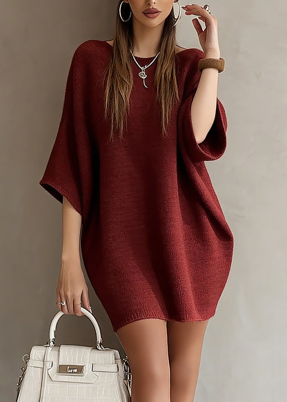 Fashion Red Slash Neck Knit Sweater Dress Batwing Sleeve