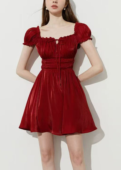 Fashion Red Square Collar Wrinkled Silk Mini Dress Summer