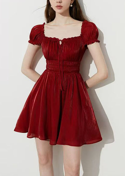 Fashion Red Square Collar Wrinkled Silk Mini Dress Summer