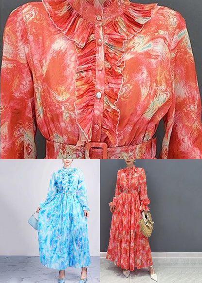 Fashion Red Stand Collar Print Sashes Chiffon Long Dress Long Sleeve