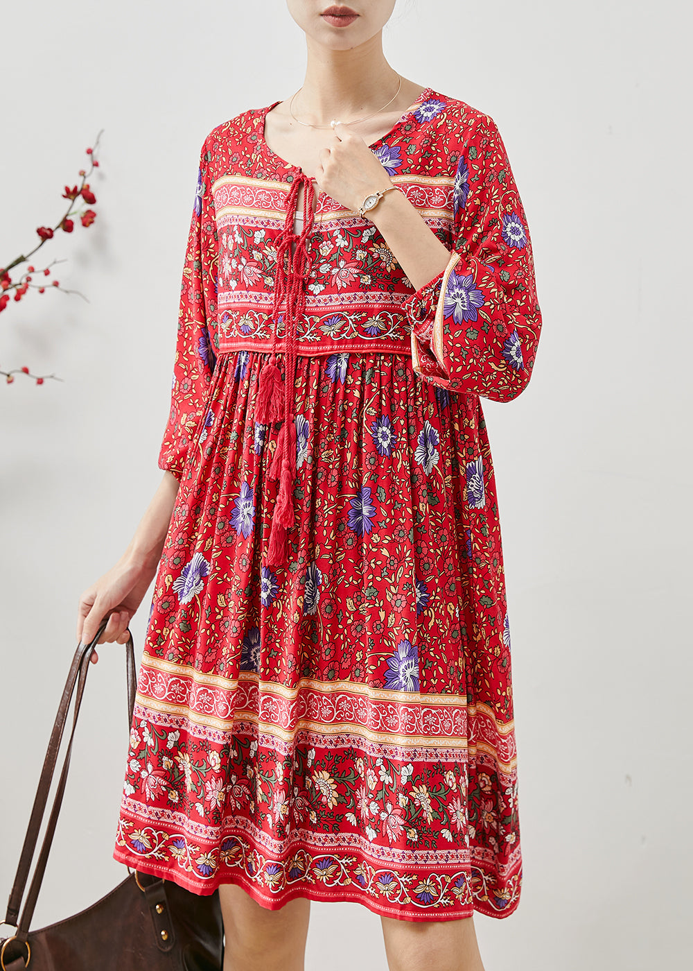 Fashion Red Tasseled Print Cotton Mini Dresses Fall