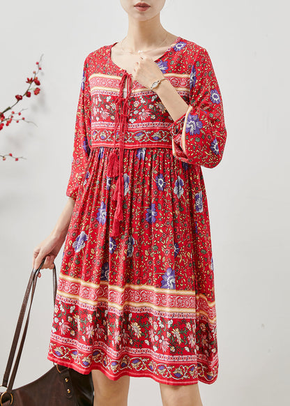 Fashion Red Tasseled Print Cotton Mini Dresses Fall