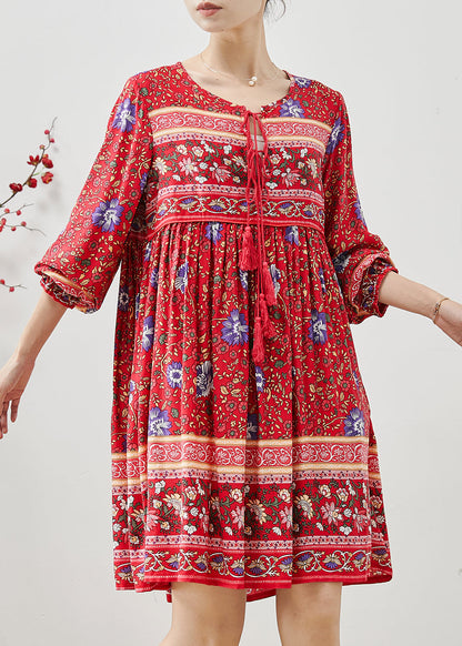 Fashion Red Tasseled Print Cotton Mini Dresses Fall