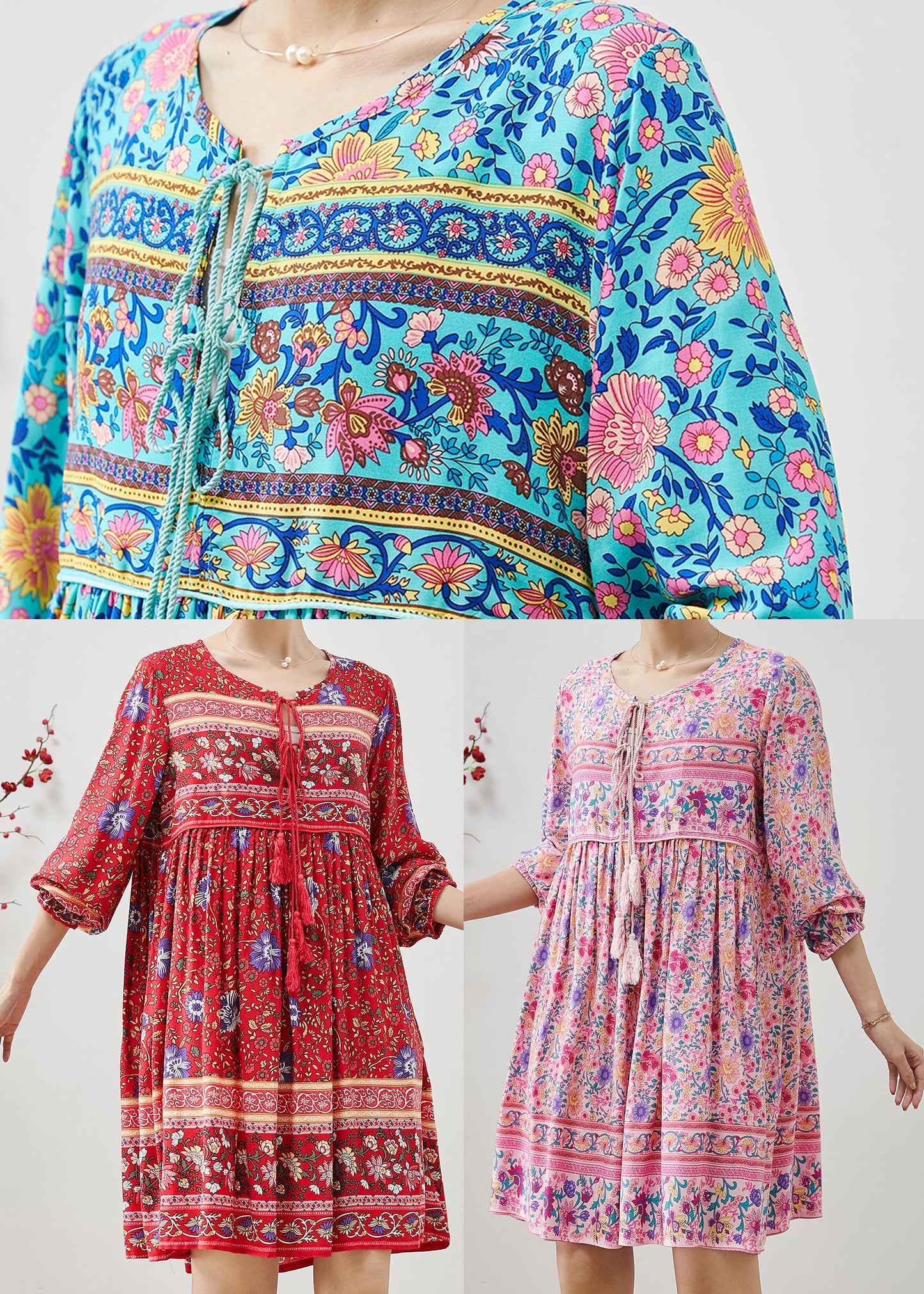 Fashion Red Tasseled Print Cotton Mini Dresses Fall