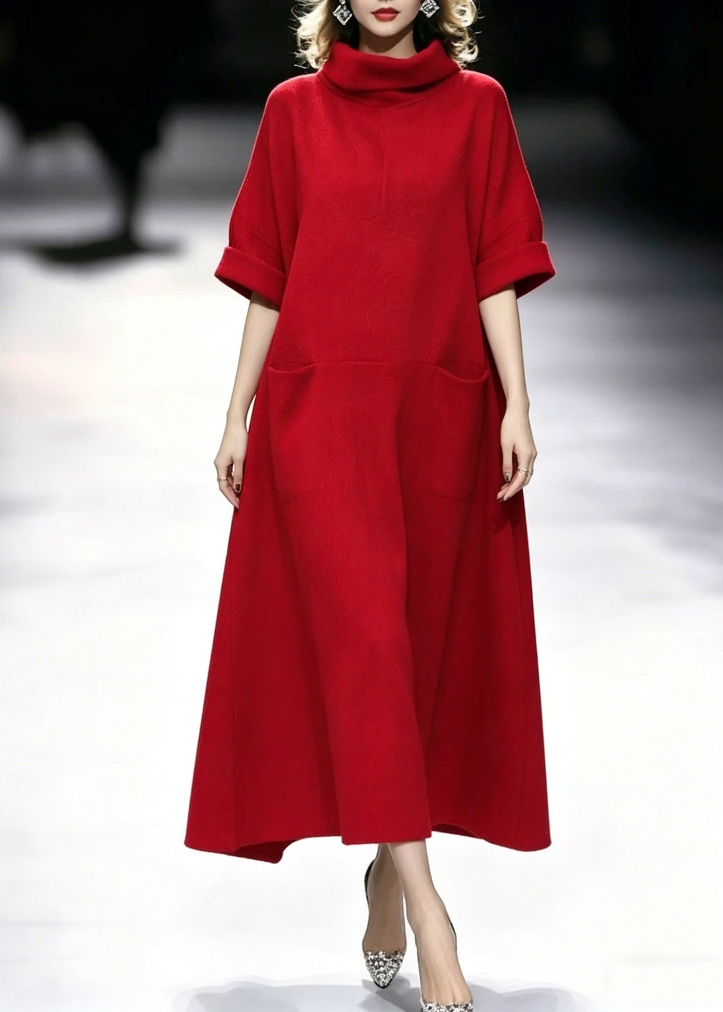 Fashion Red Turtleneck Pockets Solid Maxi Dresses Summer