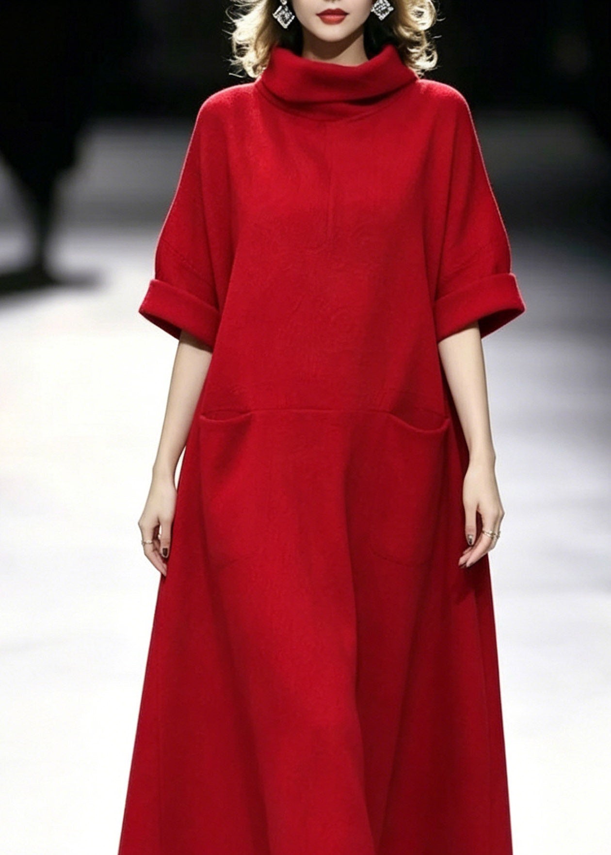 Fashion Red Turtleneck Pockets Solid Maxi Dresses Summer