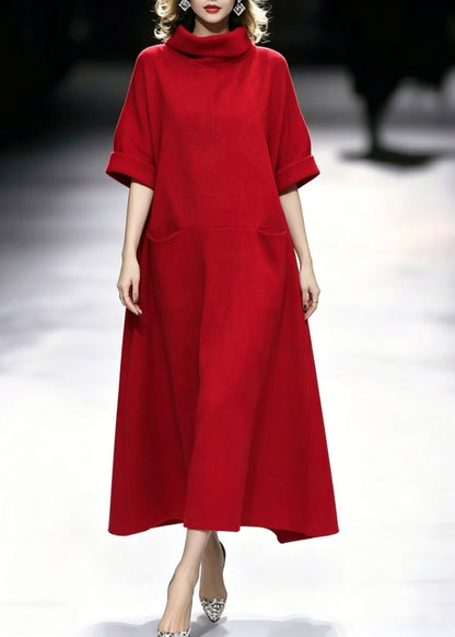 Fashion Red Turtleneck Pockets Solid Maxi Dresses Summer