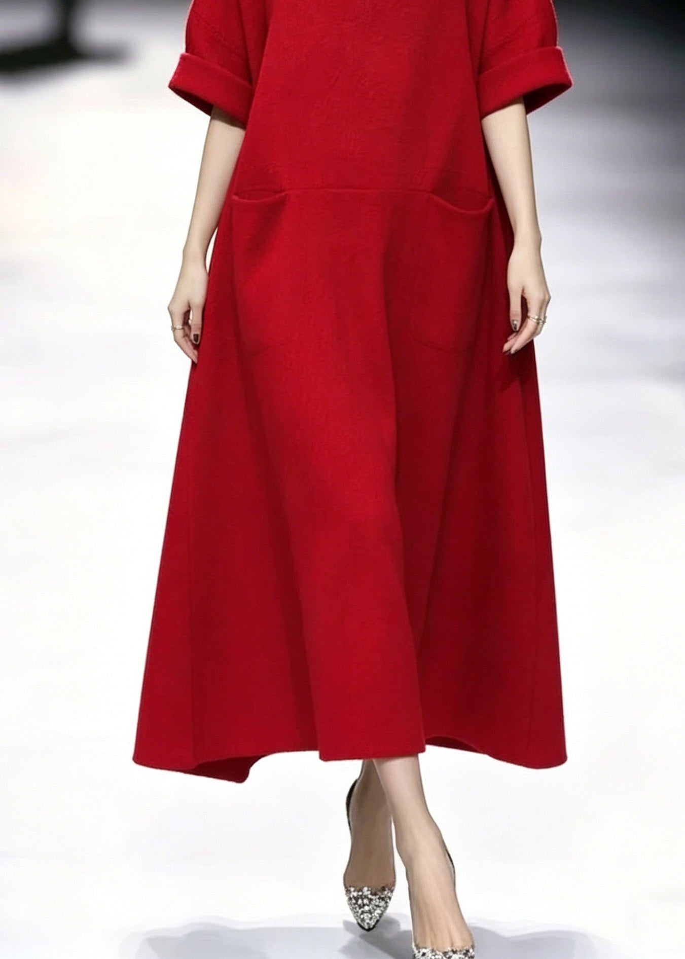 Fashion Red Turtleneck Pockets Solid Maxi Dresses Summer