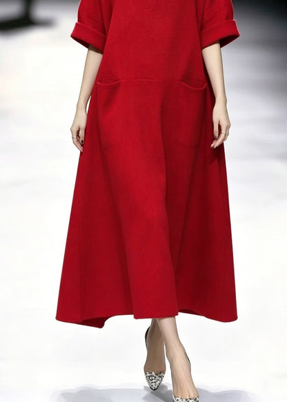 Fashion Red Turtleneck Pockets Solid Maxi Dresses Summer