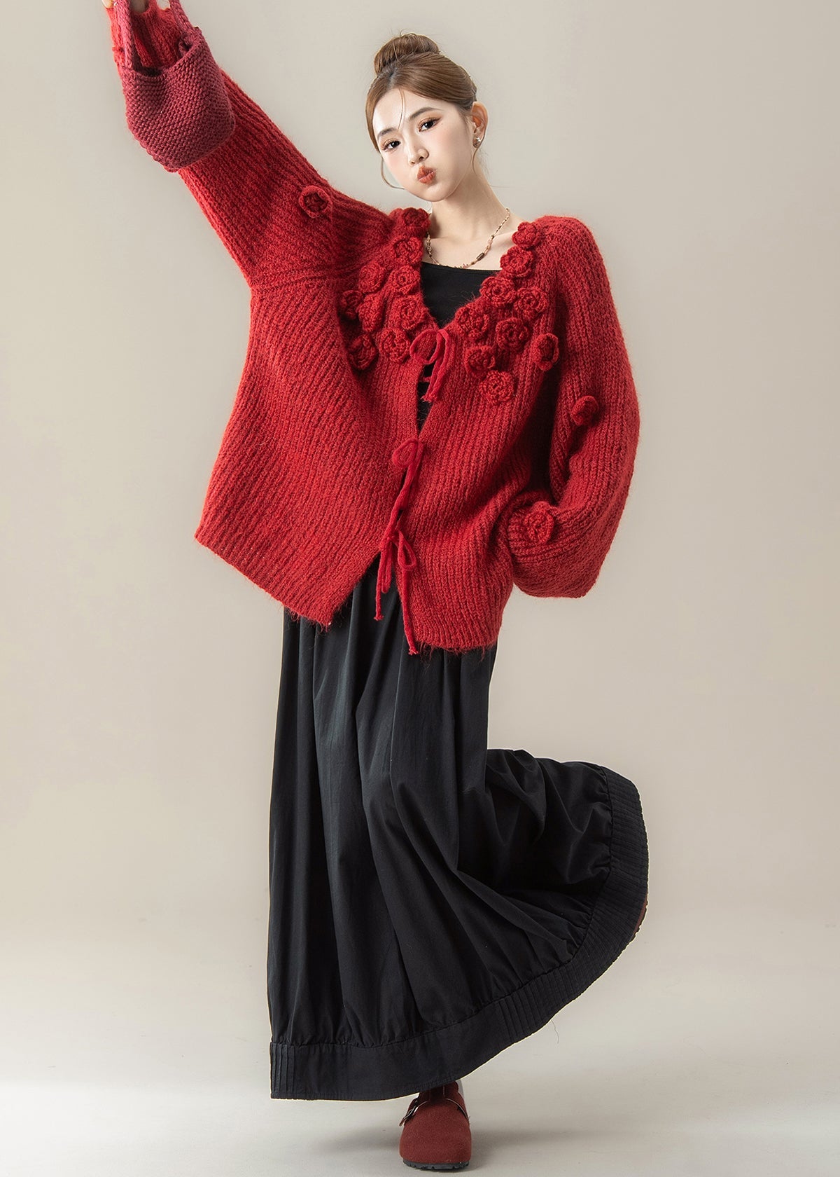 Fashion Red V Neck Floral Knit Sweaters And Skirts Two Piece Set Winter